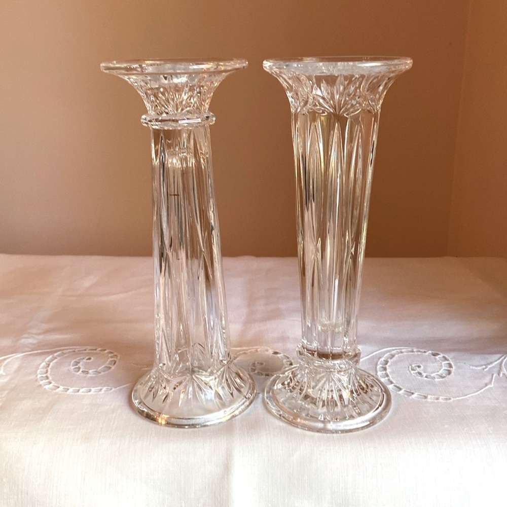 Princess House Pair of Crystal Candlesticks or Vases Cut Glass Heavy 8” Tall
